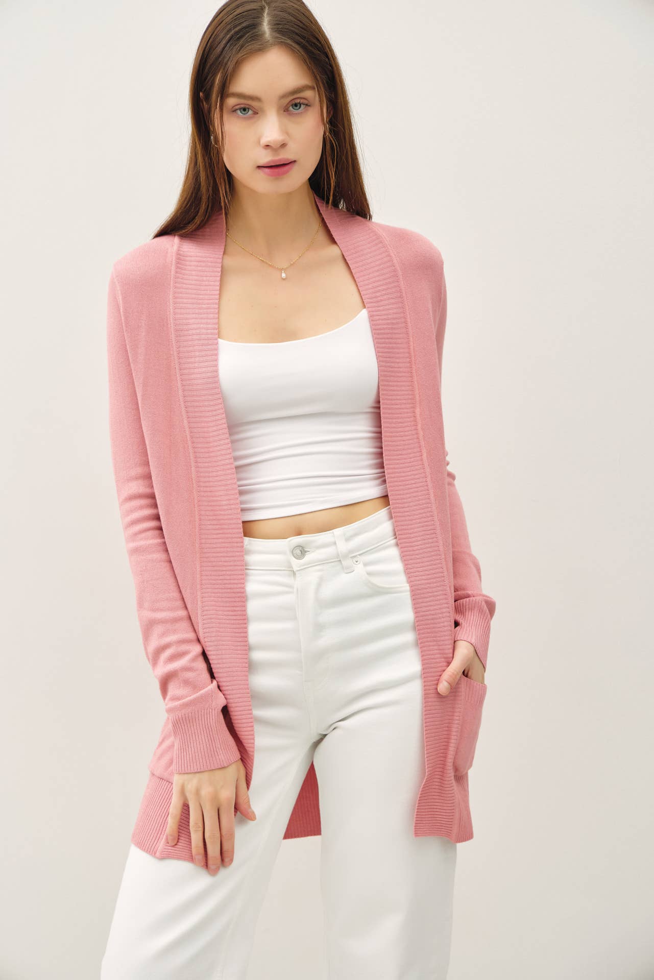 Cotton Blend Knit Open Front Cardigan