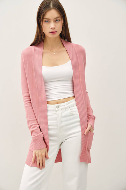 Cotton Blend Knit Open Front Cardigan