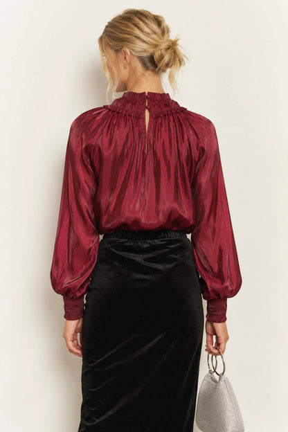 Smocked Neck Shimmer Long Sleeve Blouse