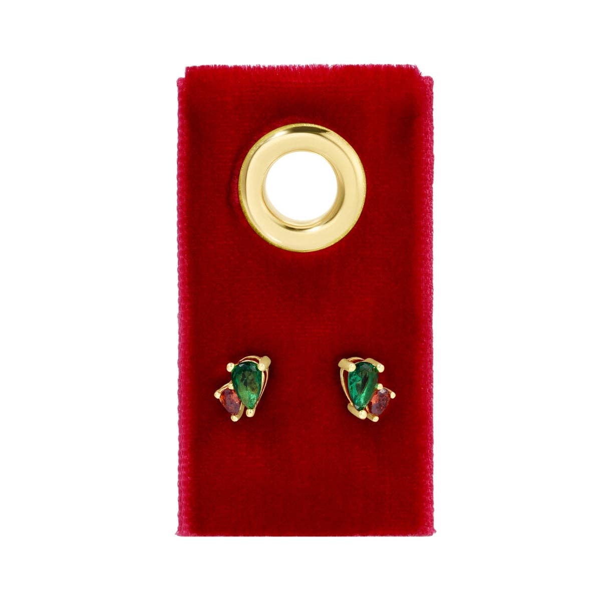 Red & Green Pear-Shaped CZ Studs on Velvet Tag