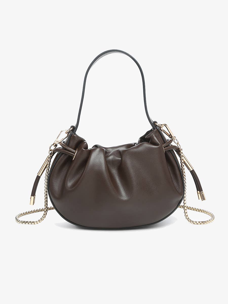 Thalia Ruched Bucket Bag w/ Drawstring and Chain Strap Purse