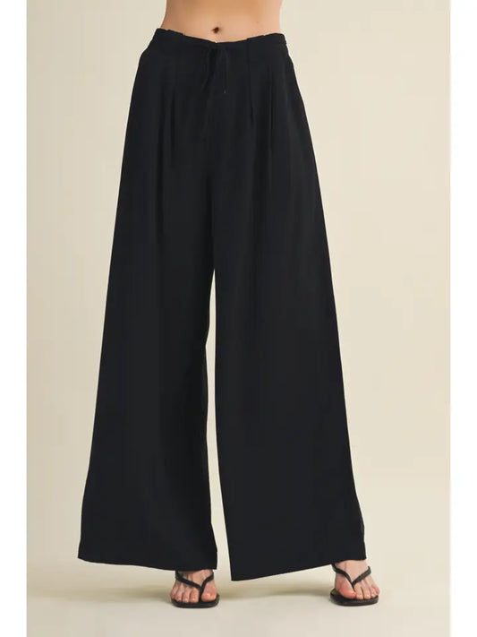 Drawstring Waist Pleated Wide-Leg Trousers