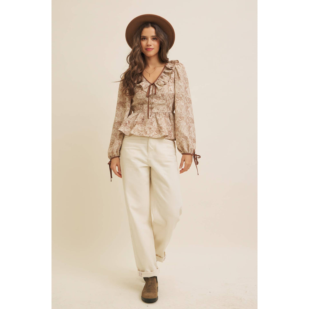 Toile Printed Babydoll Blouse With Balloon Sleeves