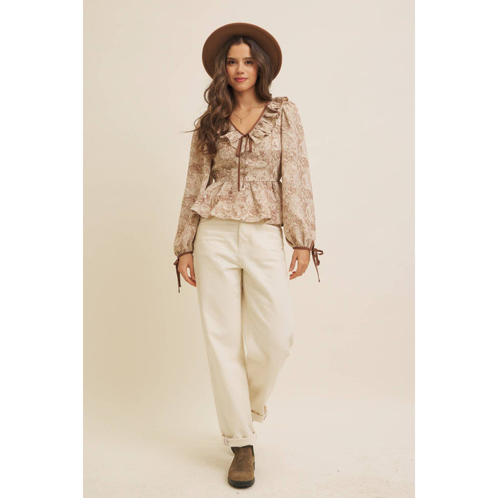 Toile Printed Babydoll Blouse With Balloon Sleeves