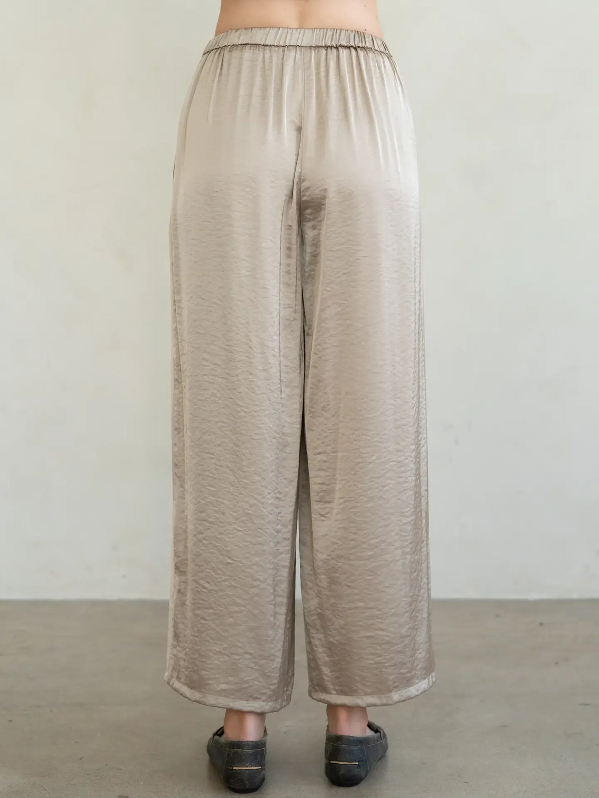 Elle Grey taupe wide-leg textured satin pants with elastic waistband, back view