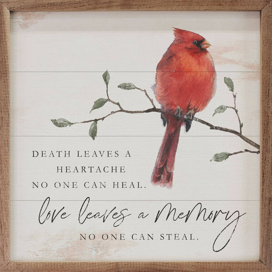 Framed wood sign with red cardinal on branch and memorial quote in black text
