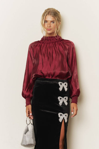 Smocked Neck Shimmer Long Sleeve Blouse