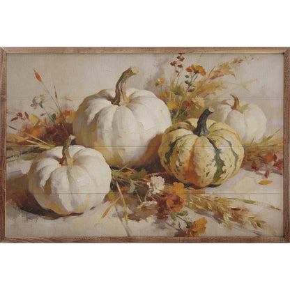 Framed fall still life painting of white and green pumpkins with autumn wildflowers