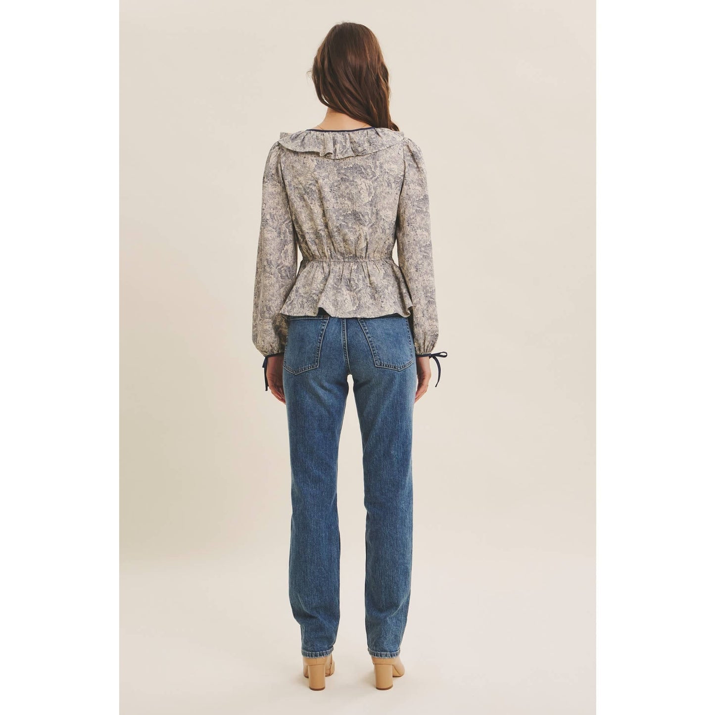 Toile Printed Babydoll Blouse With Balloon Sleeves