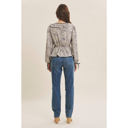 Toile Printed Babydoll Blouse With Balloon Sleeves