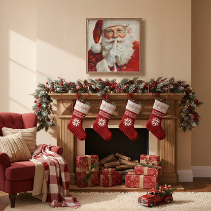 Framed Santa Claus shushing wall art above holiday fireplace mantel décor