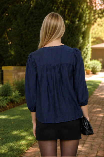 LACE YOKE BUTTON DOWN 3/4 SLEEVE TOP
