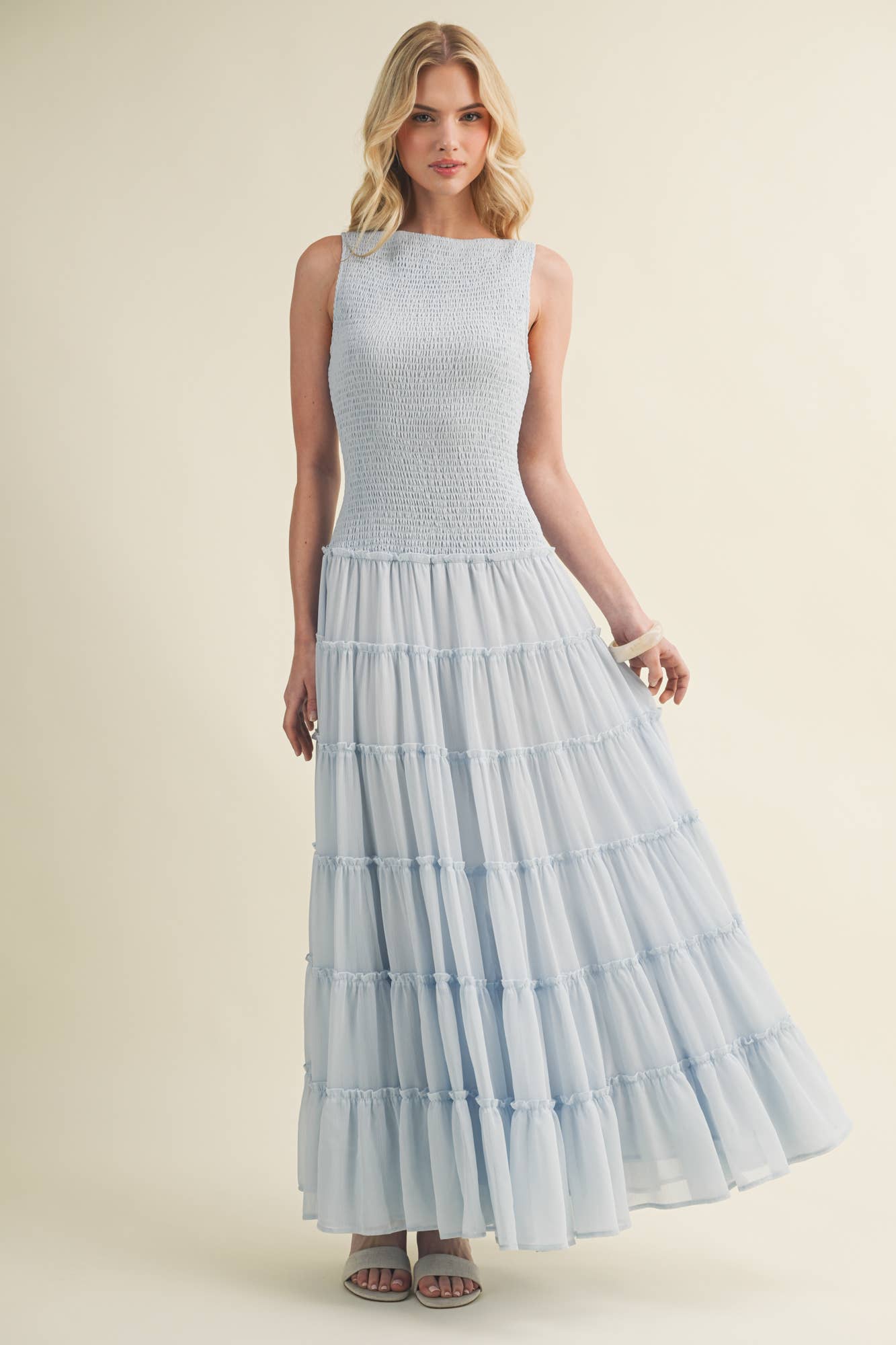 Smocked Boat Neck Tiered Maxi Dress