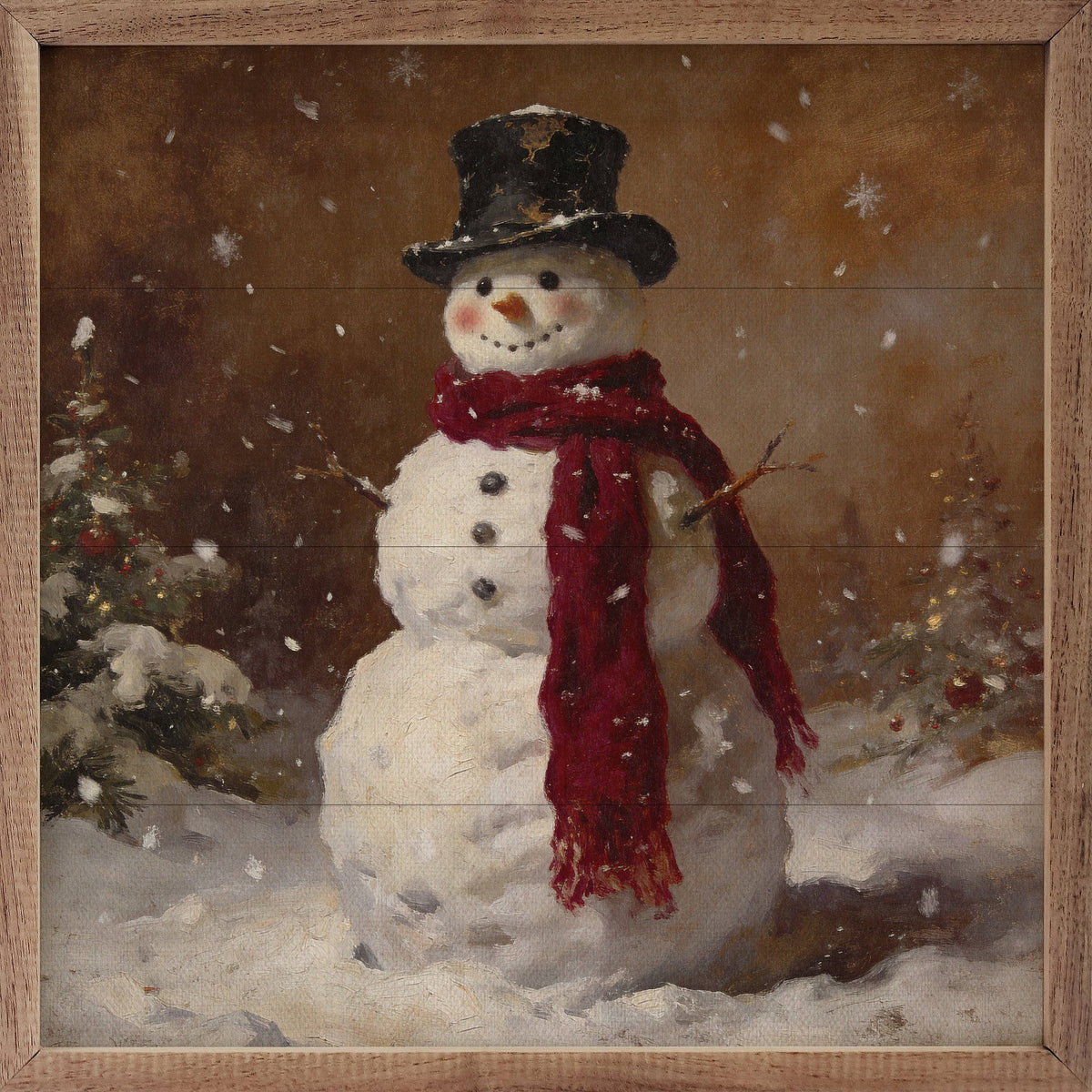 Framed oil-style painting of a snowman in black top hat and red scarf with Christmas trees