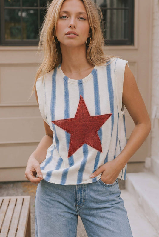 **Pre-Order**  Star Patch Striped Sleeveless Knit Top