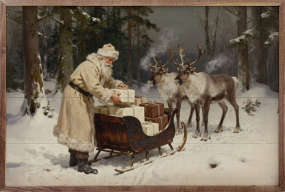 Framed oil painting of Santa in cream coat loading gifts onto wood sleigh with reindeer