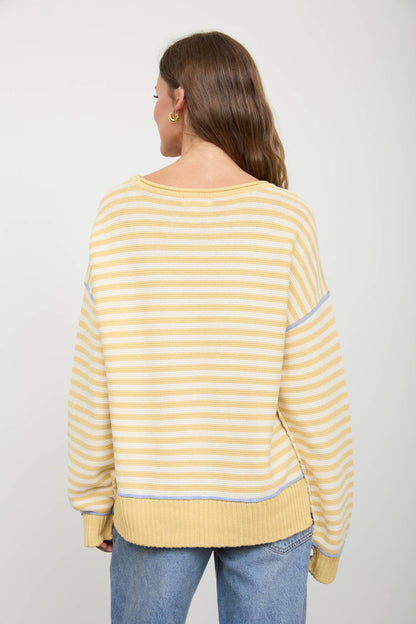 STRIPE CONTRAST STITCH RAW EDGE KNIT SWEATER