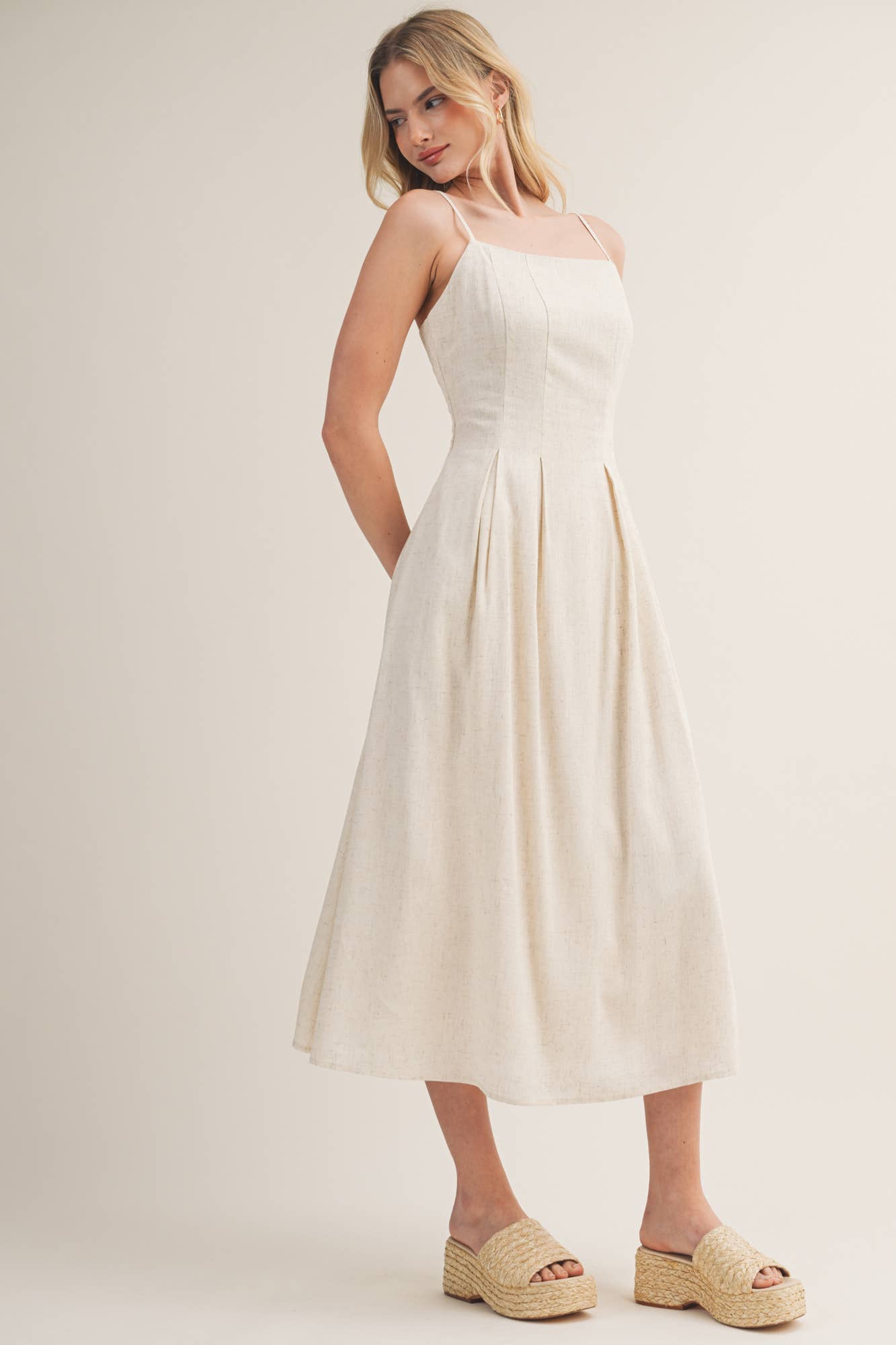 Seamed Bodice Pleated Midi Dress