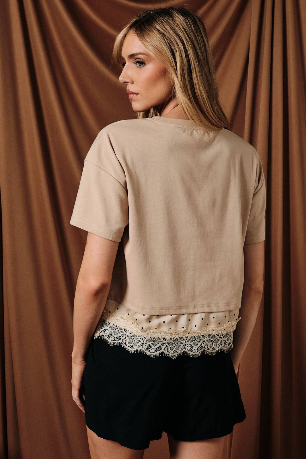Cropped Boxy Tee with Contrast Polka Dot Lace Trim