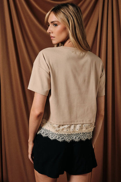 Cropped Boxy Tee with Contrast Polka Dot Lace Trim
