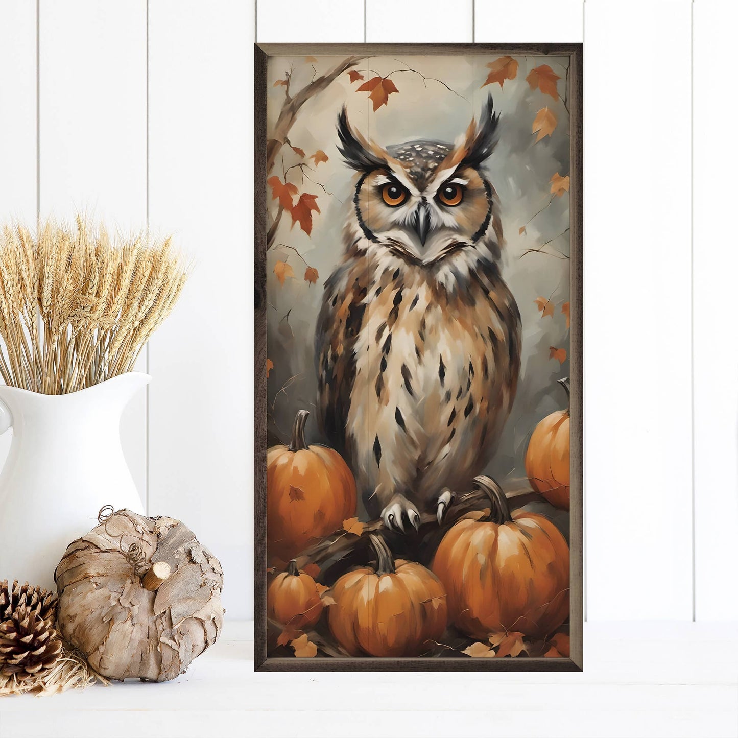 Framed autumn owl painting with orange pumpkins and falling leaves, rustic wood frame