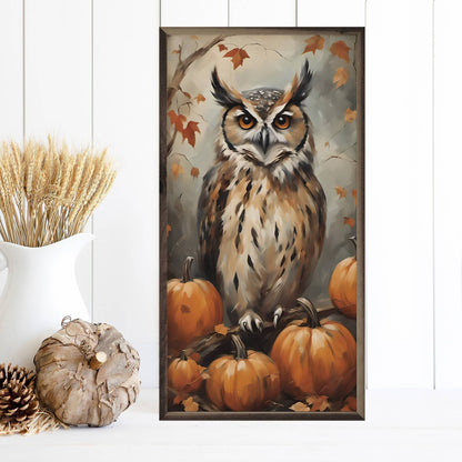 Framed autumn owl painting with orange pumpkins and falling leaves, rustic wood frame
