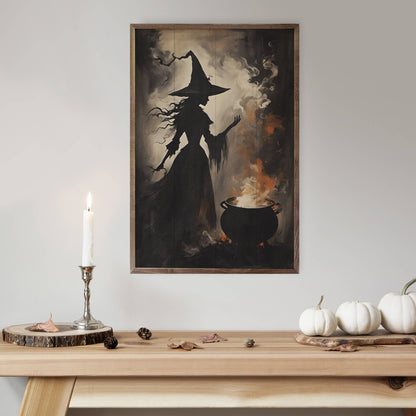 Framed wood panel wall art featuring dark witch silhouette casting spells over cauldron