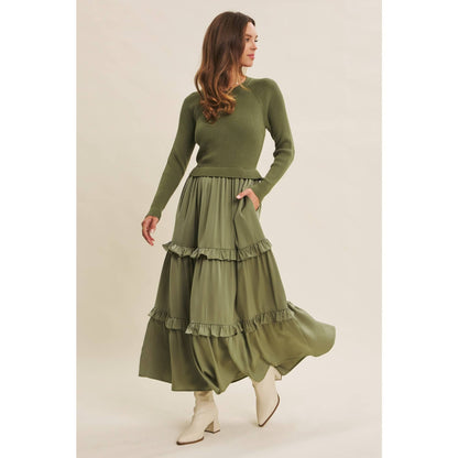 COMFORTABLE SWEATER AND SATIN TWOFER MAXI DRESS