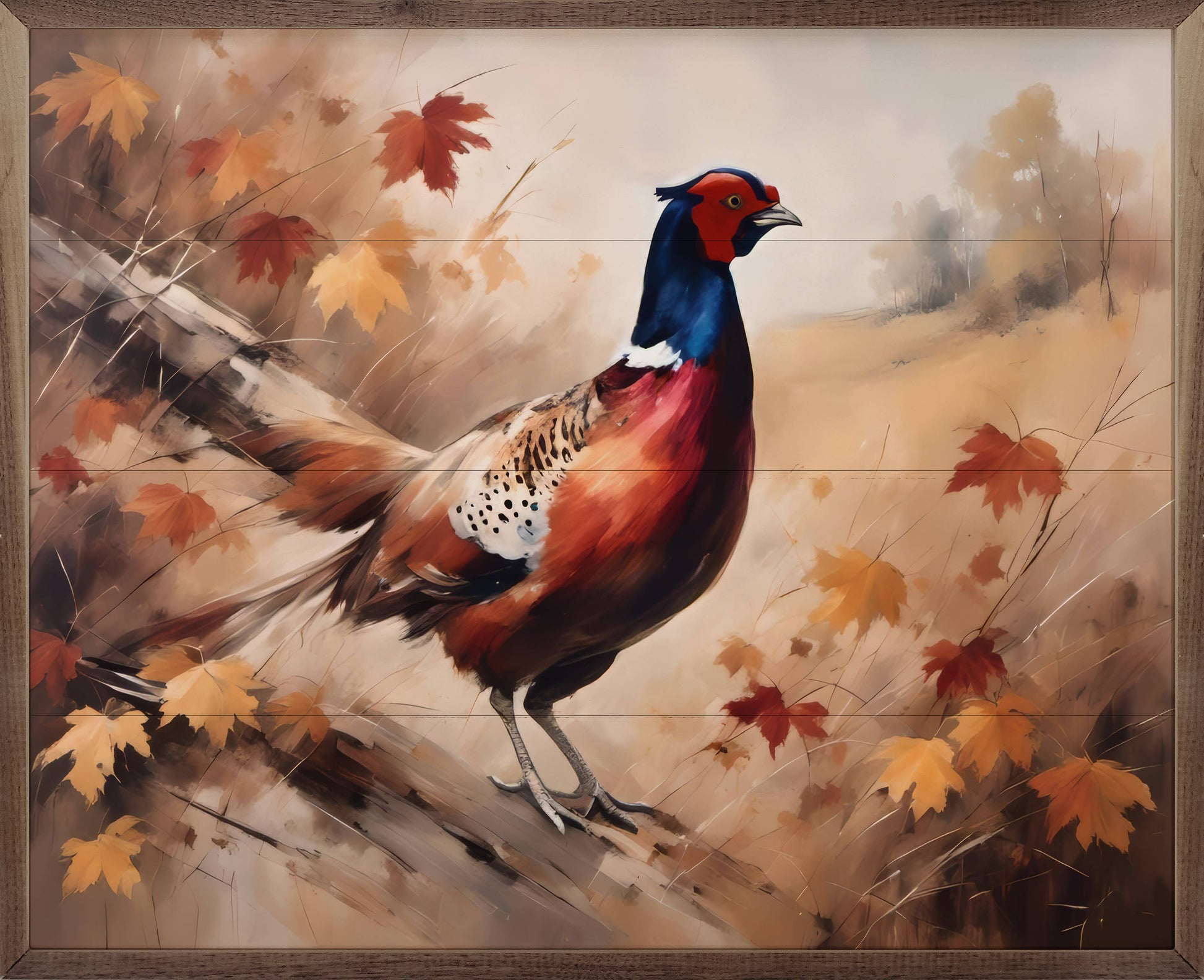 Framed watercolor painting of a ring-necked pheasant amid autumn maple leaves
