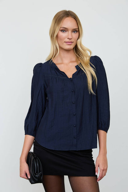 LACE YOKE BUTTON DOWN 3/4 SLEEVE TOP