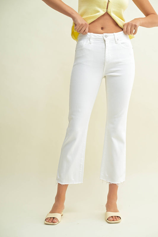 High Rise Crop Flare Distressed Hem