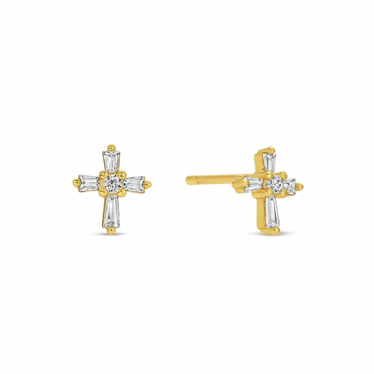 Gold cross stud earrings with baguette and round cubic zirconia crystals