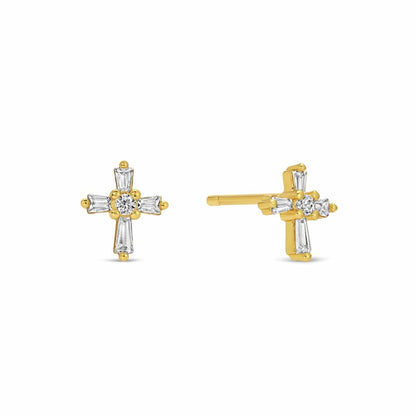 Gold cross stud earrings with baguette and round cubic zirconia crystals