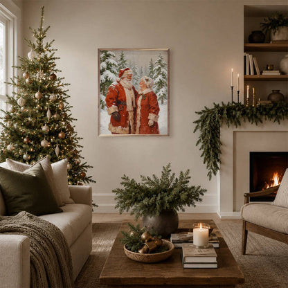 Framed Santa and Mrs. Claus painting displayed in a cozy Christmas living room
