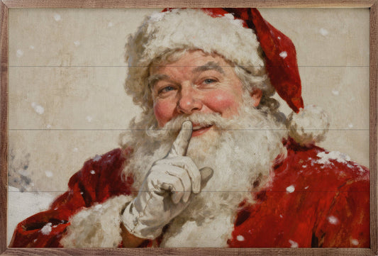 Framed oil painting portrait of Santa Claus with finger to lips in snow