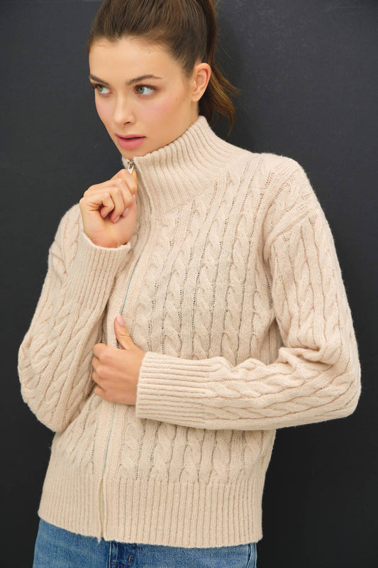 Cable Knit Zip Up Sweater Jacket