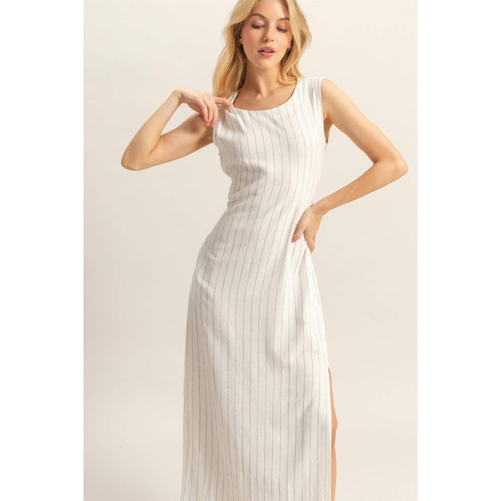 Striped rayon linen side slit maxi dress
