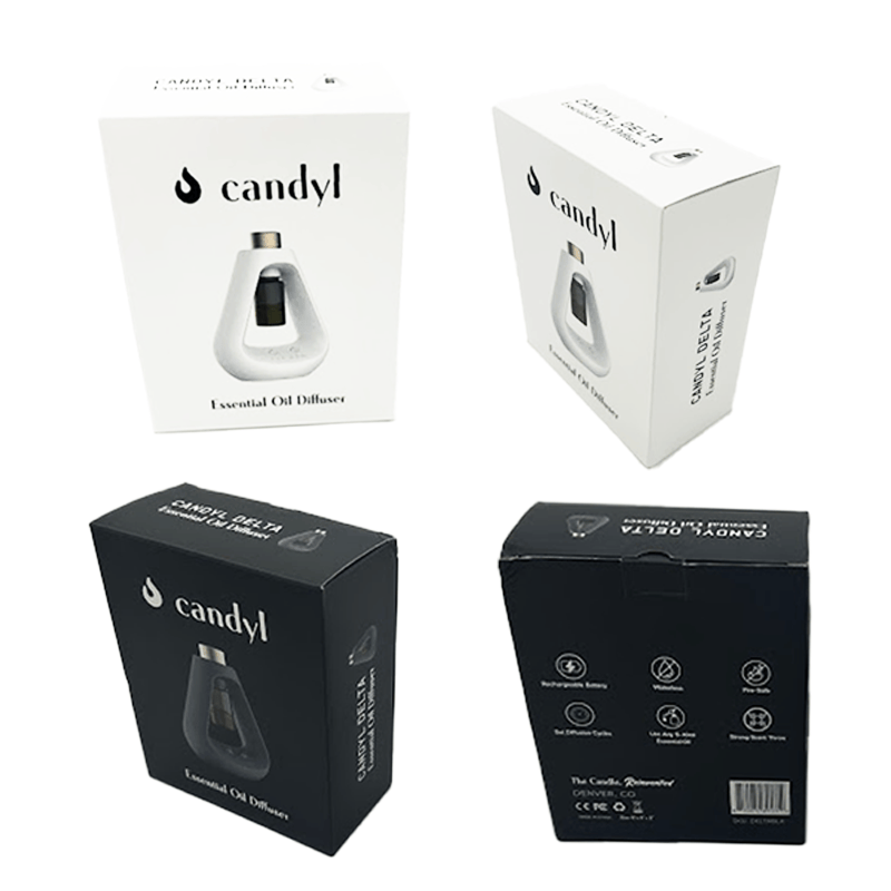 Candyl Delta Waterless Essential Oil Diffuser packaging in white and black versions