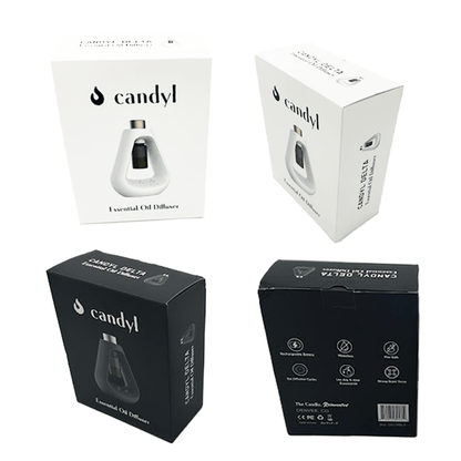 Candyl Delta Waterless Essential Oil Diffuser packaging in white and black versions
