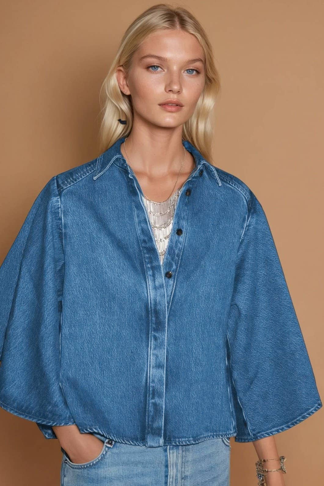 TRUMPET SLEEVED DENIM BLOUSE W1593TIA