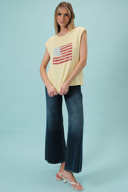 Crew Neck Wide Shoulder USA Flag Sweater
