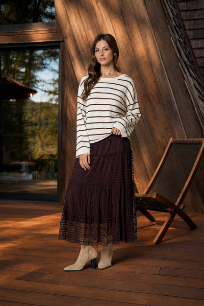 STRIPE TEXTURED RAW EDGE LONG SLEEVE KNIT SWEATER