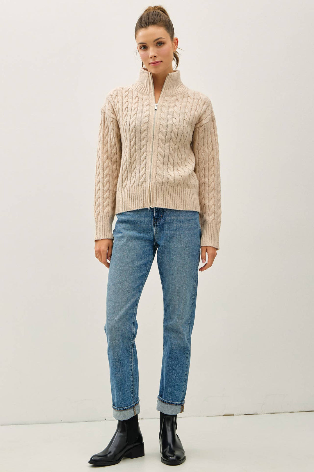 Cable Knit Zip Up Sweater Jacket