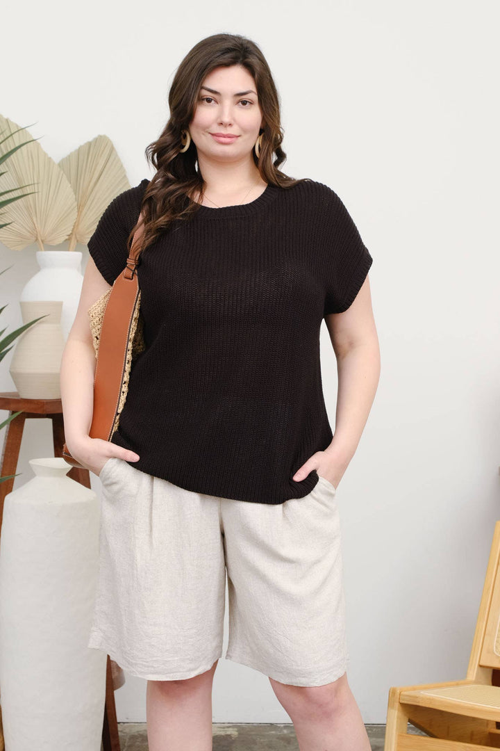 PLUS CREW NECK SHORT SLEEVE CROCHET KNIT PULLOVER