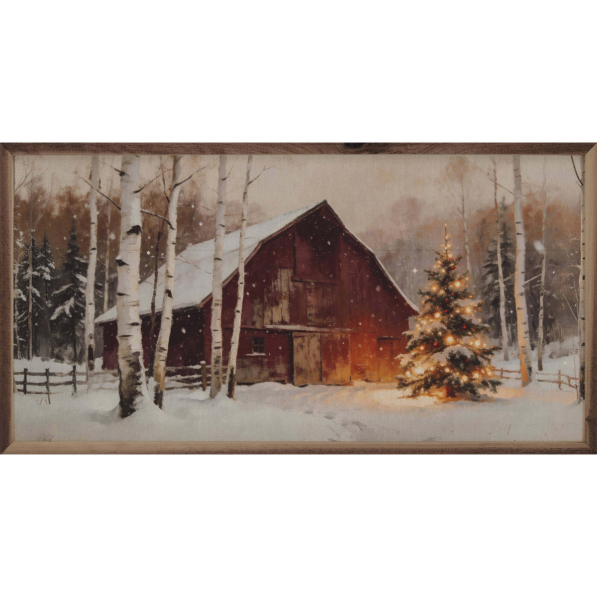 Framed oil painting of snow-covered red barn with lit Christmas tree and birch trees