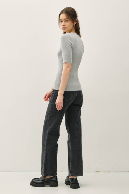 CLASSIC SOLID HALF SLEEVE RIB KNIT TOP