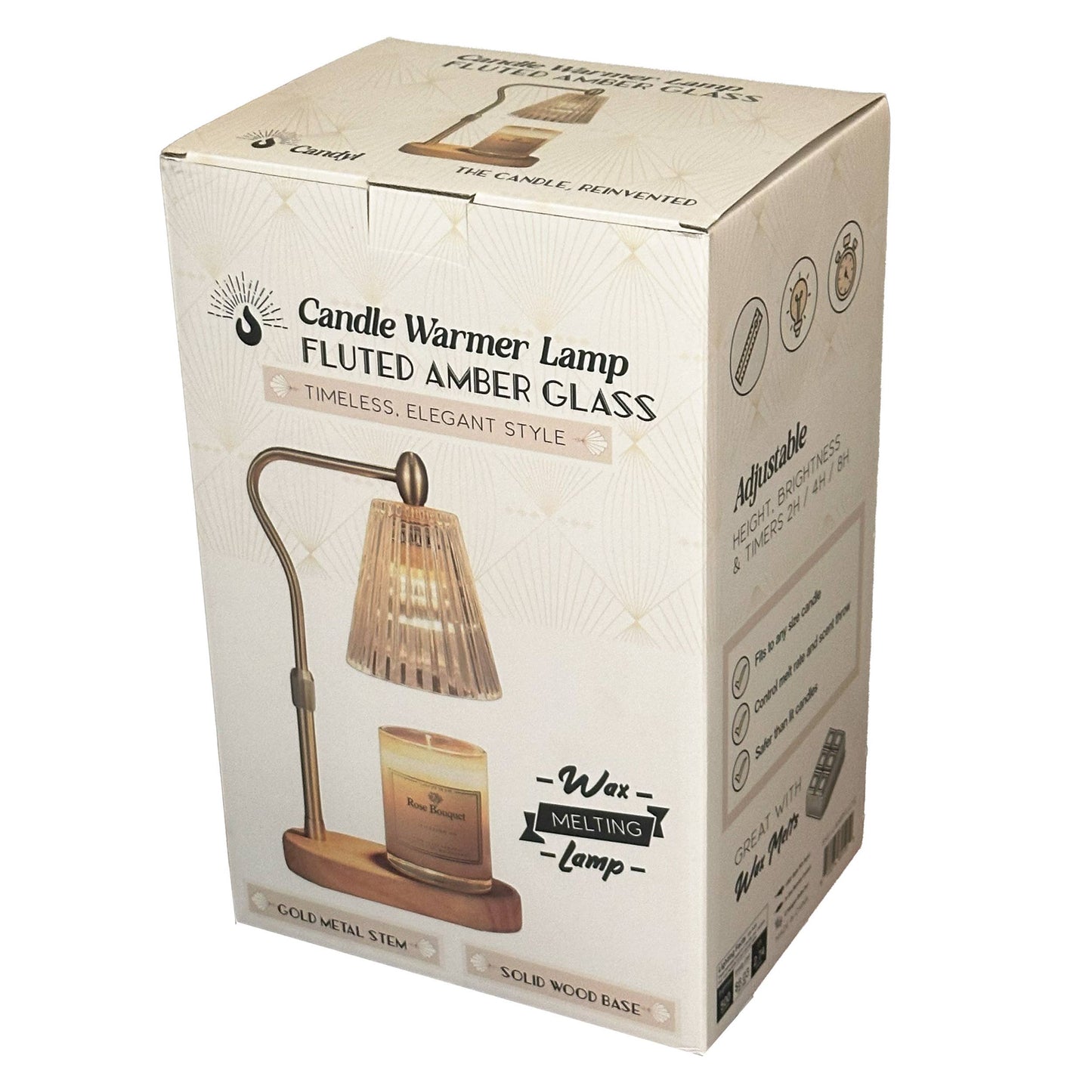 Candyl candle warmer lamp with fluted amber glass shade and solid wood base