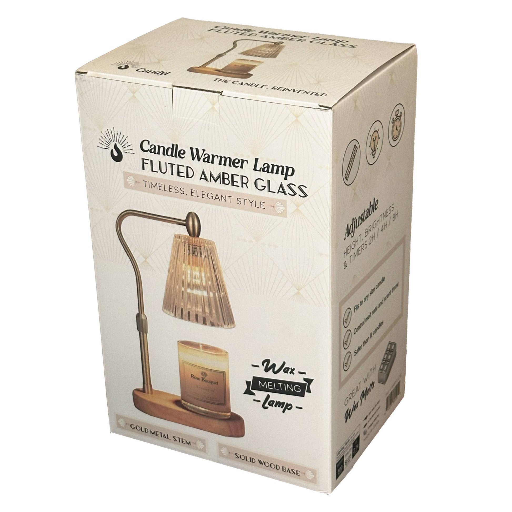 Candyl candle warmer lamp with fluted amber glass shade and solid wood base