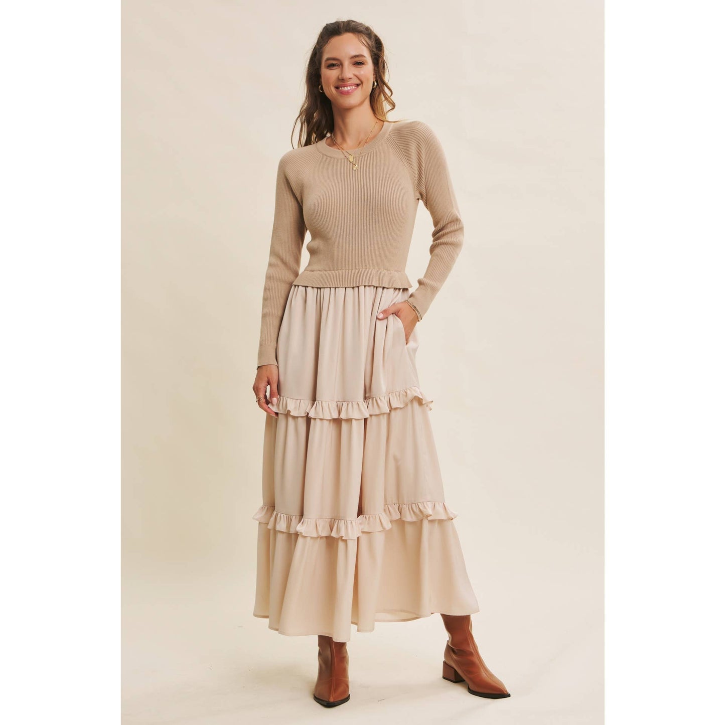 COMFORTABLE SWEATER AND SATIN TWOFER MAXI DRESS