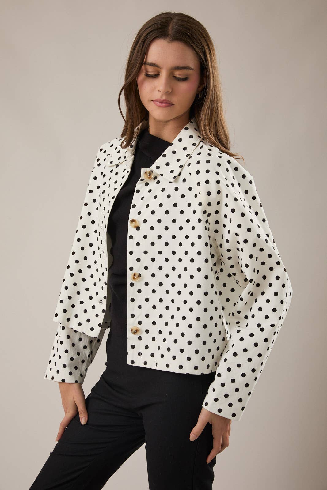 RAGLAN LONG SLEEVE POLKA DOT BOXY JACKET
